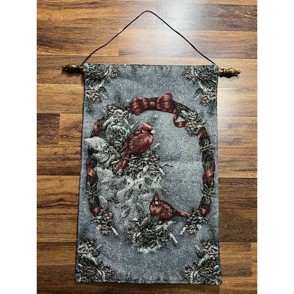 VTG Christmas Tapestry Wall Hanging Red Cardinal On Wreath 25.5" X 16.5"